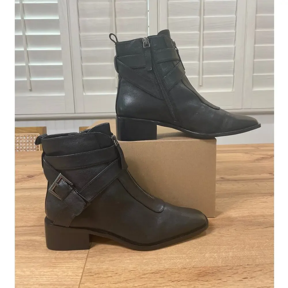Linea Paolo Valona Ankle Boots Black Leather Size 7 NWOB Stack Heel Strappy